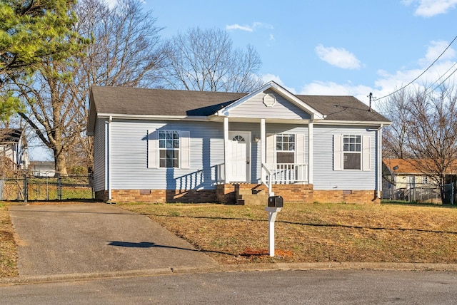 view of front of home featuring roof with shingles, crawl space, fence, and a gate