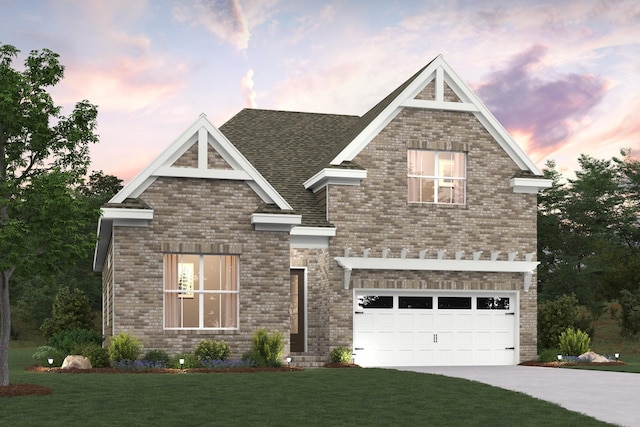 view of front of property with a garage, brick siding, a yard, and driveway