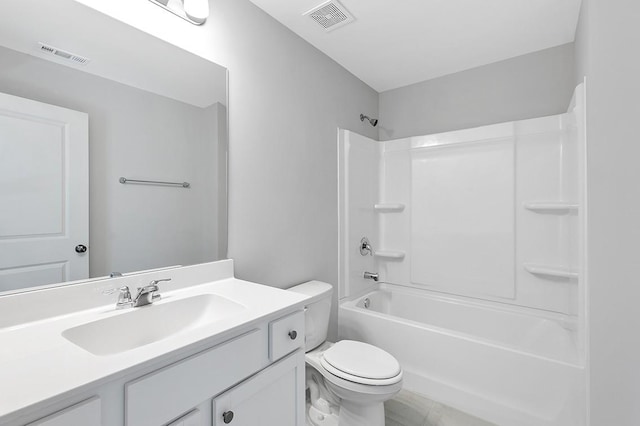 full bath with toilet, bathtub / shower combination, visible vents, and vanity