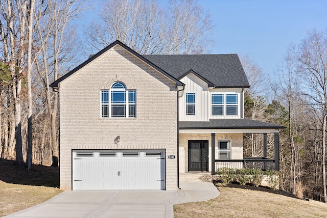 view of front facade featuring a porch, a garage, brick siding, concrete driveway, and board and batten siding