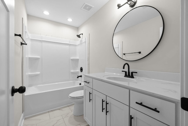 full bathroom featuring visible vents, toilet, marble finish floor, vanity, and shower / bathing tub combination