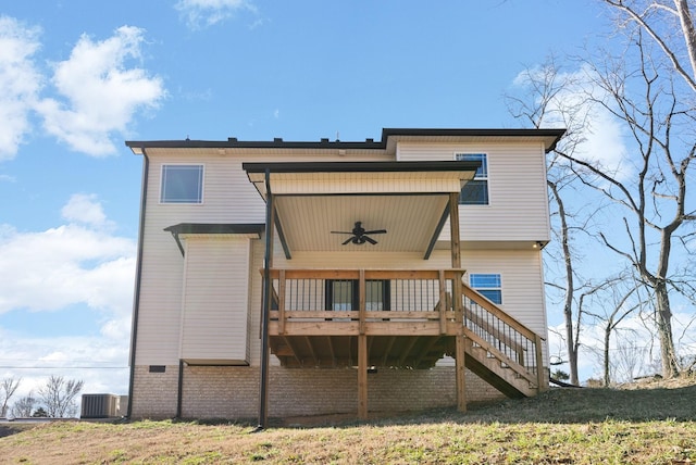 back of house with central AC, ceiling fan, stairway, and a wooden deck