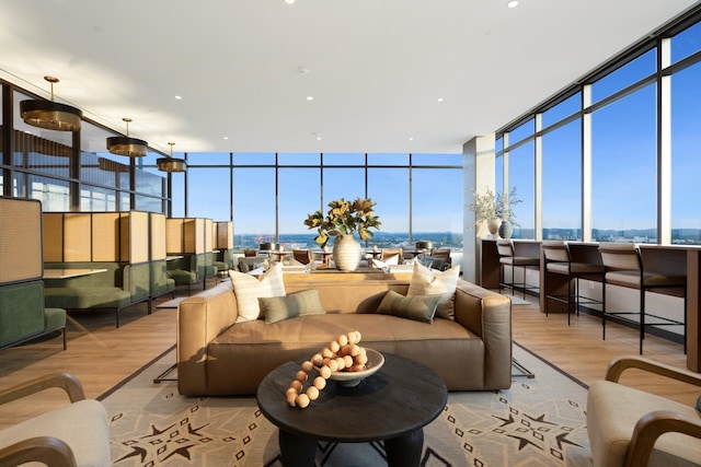 living area with a healthy amount of sunlight, a wall of windows, and wood finished floors