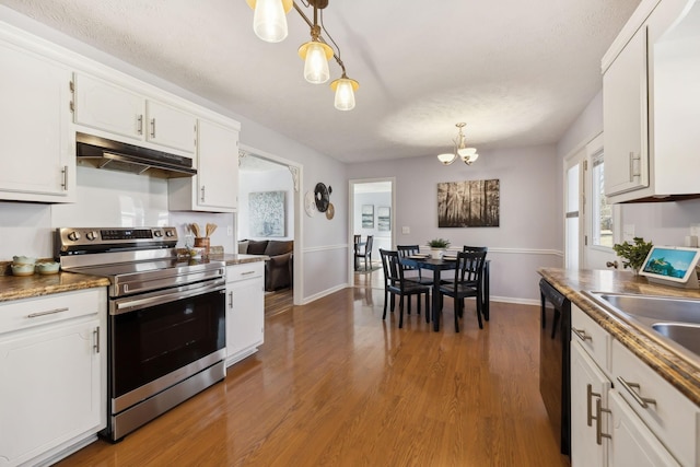 kitchen with white cabinetry, stainless steel range with electric cooktop, wood finished floors, dishwasher, and under cabinet range hood