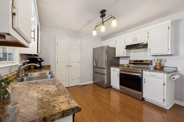 kitchen featuring white cabinets, under cabinet range hood, stainless steel appliances, and a sink