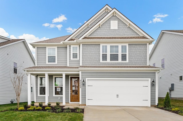 view of front of house with a garage, concrete driveway, and covered porch