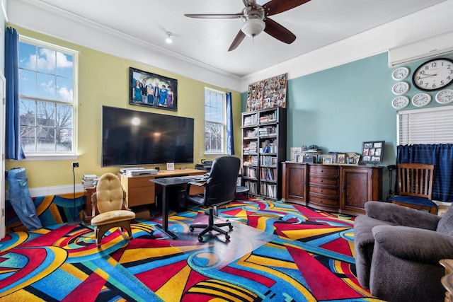 office space featuring a healthy amount of sunlight, a wall mounted AC, a ceiling fan, and crown molding