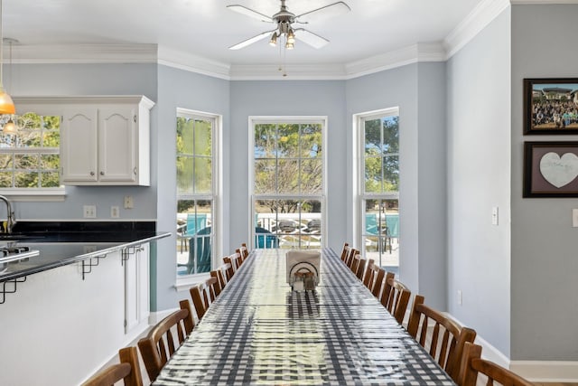 dining space with a ceiling fan, crown molding, and baseboards