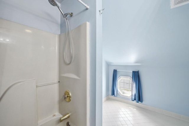 full bath with shower / washtub combination, tile patterned flooring, and visible vents