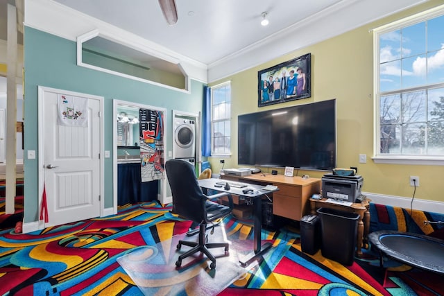 office space with plenty of natural light, baseboards, and crown molding