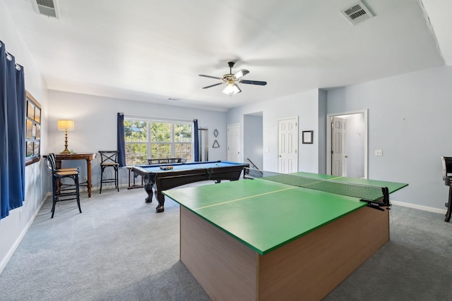 rec room with light colored carpet, billiards, visible vents, and baseboards