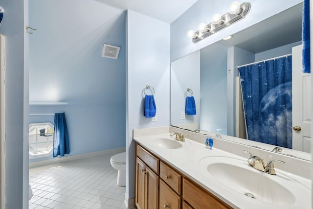 full bath featuring toilet, visible vents, a sink, and tile patterned floors