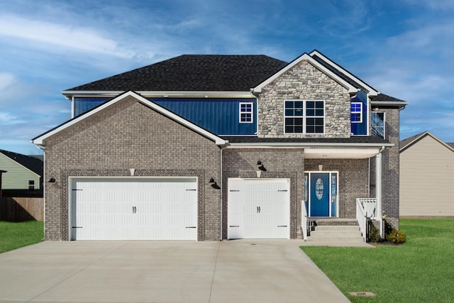 view of front of property with driveway, an attached garage, a front lawn, and brick siding