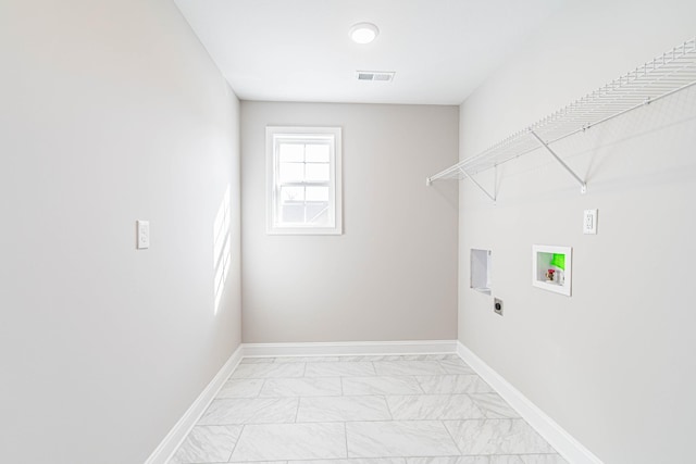 clothes washing area with laundry area, visible vents, marble finish floor, hookup for an electric dryer, and washer hookup