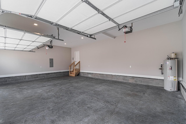 garage with a garage door opener, electric panel, and electric water heater