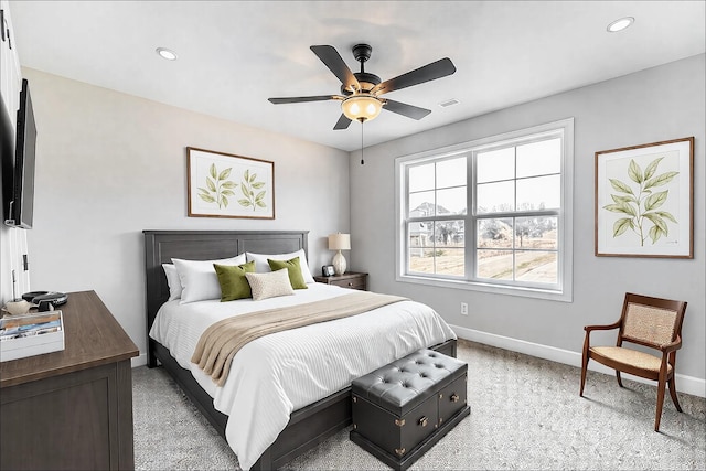 bedroom with light carpet, visible vents, baseboards, ceiling fan, and recessed lighting