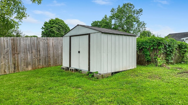 view of shed with a fenced backyard