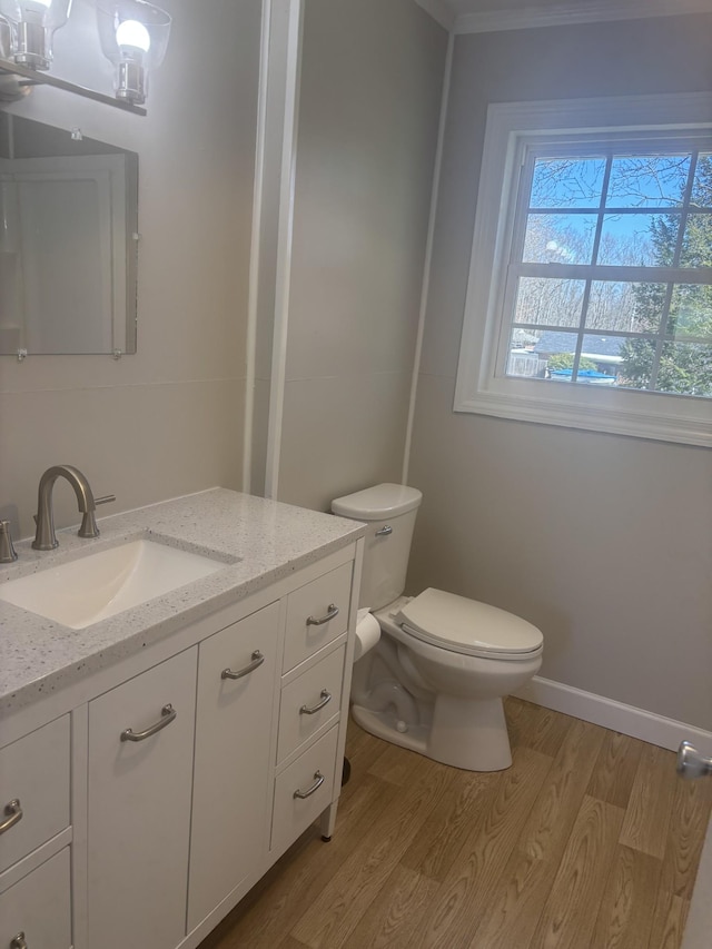 bathroom featuring toilet, baseboards, wood finished floors, and vanity