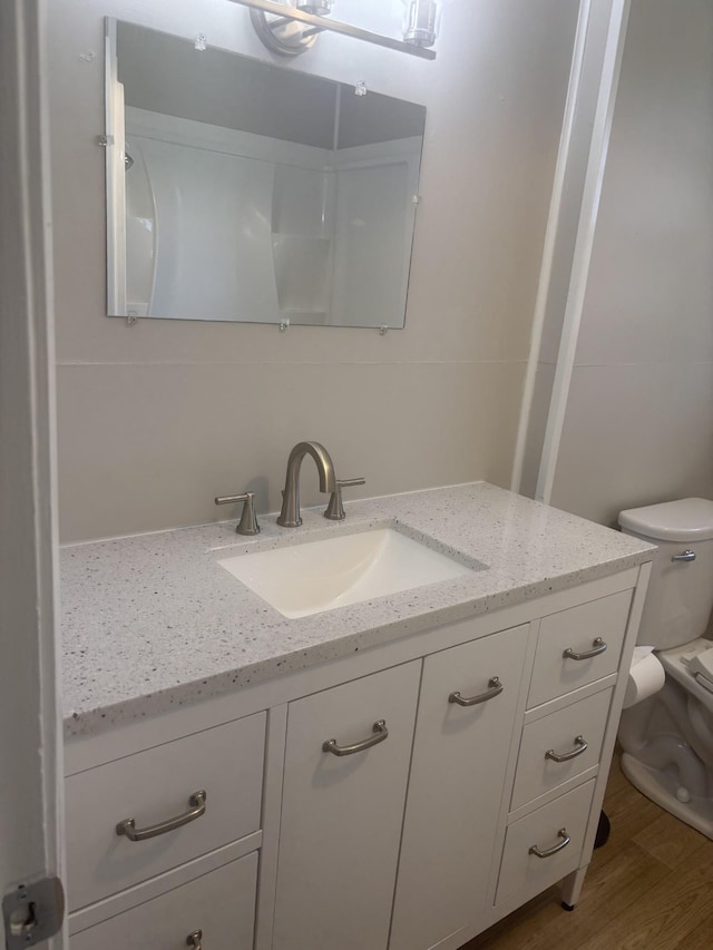 bathroom featuring toilet, wood finished floors, and vanity