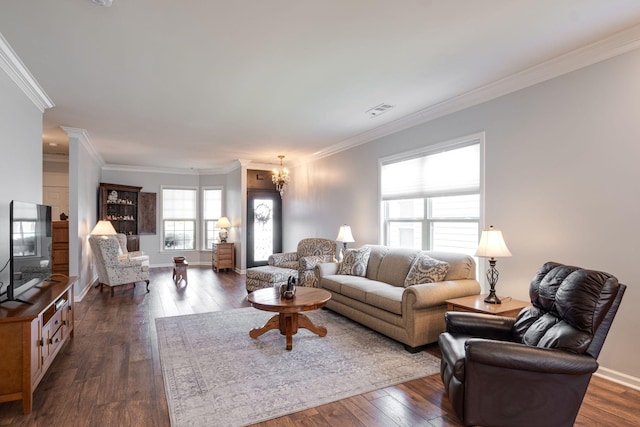 living room with visible vents, baseboards, dark wood-style flooring, crown molding, and a notable chandelier