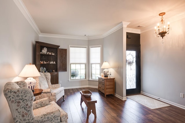 living area featuring baseboards, visible vents, ornamental molding, dark wood-type flooring, and a notable chandelier