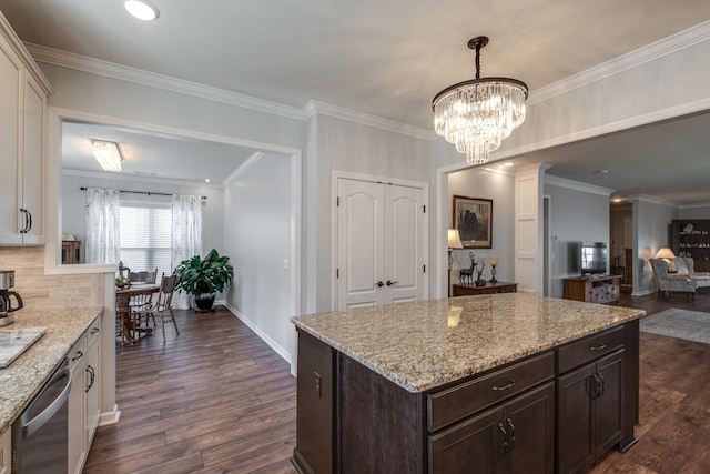 kitchen featuring dark wood-style floors, crown molding, dark brown cabinets, and dishwasher