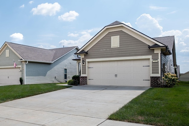 ranch-style house featuring a garage, concrete driveway, brick siding, and a front yard