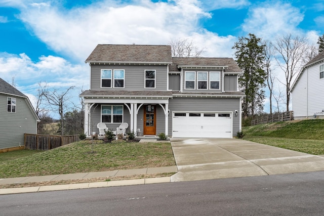 traditional home with driveway, a garage, covered porch, board and batten siding, and a front yard