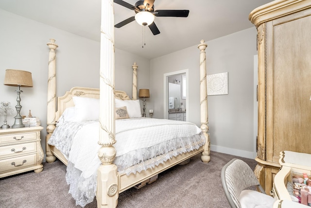 bedroom featuring baseboards, carpet flooring, ceiling fan, and ensuite bath
