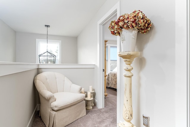 sitting room featuring an upstairs landing and carpet floors