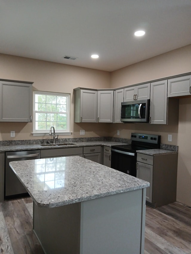 kitchen with light wood finished floors, stainless steel appliances, gray cabinetry, a sink, and a kitchen island