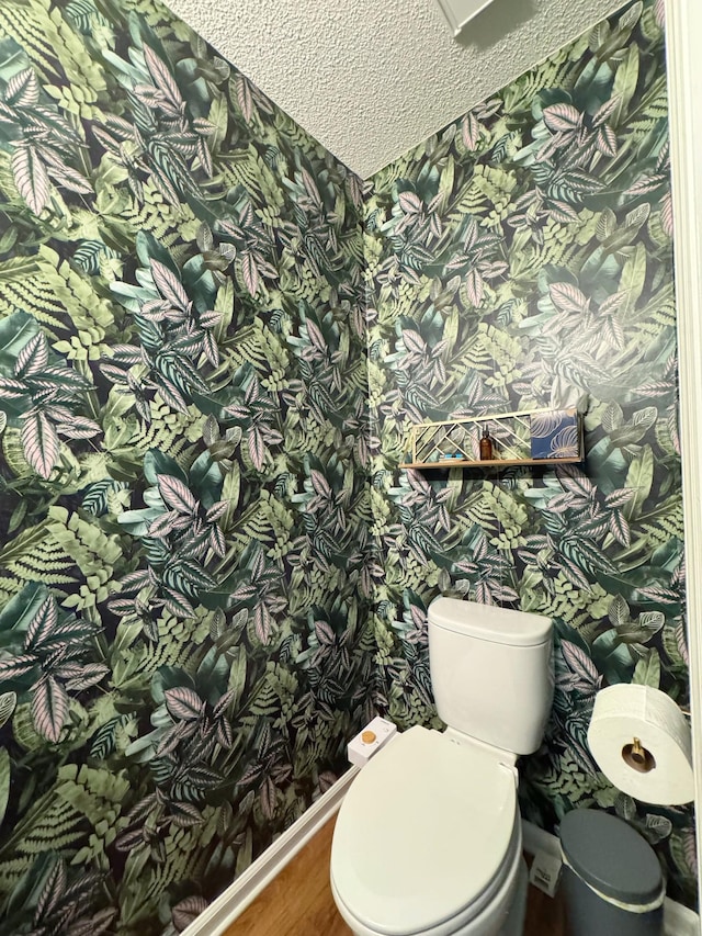 bathroom with toilet and wallpapered walls