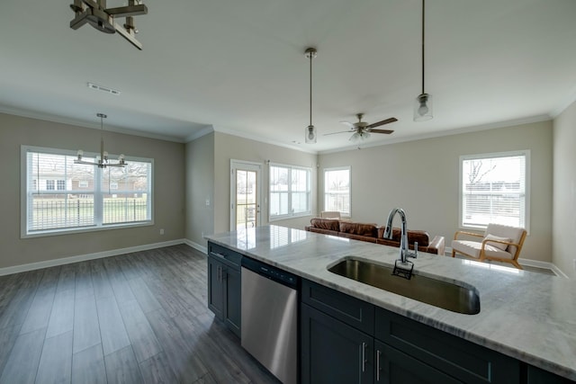 kitchen with visible vents, stainless steel dishwasher, dark wood-type flooring, open floor plan, and a sink