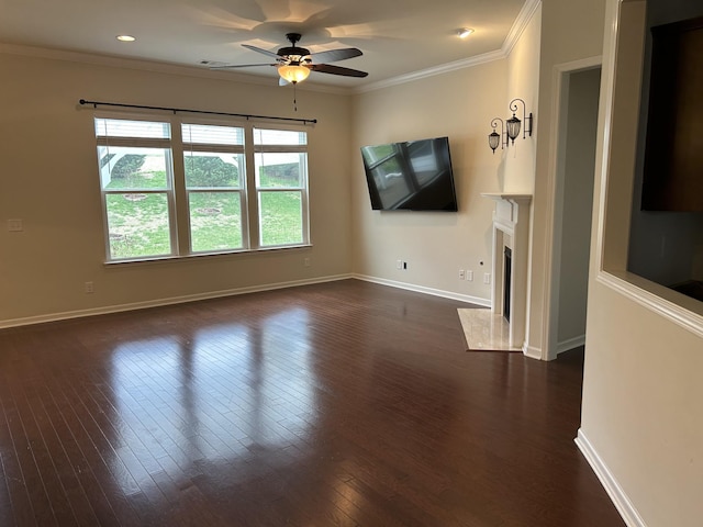 1012 Wooden Gate Dr, Franklin, TN 37064 - unfurnished living room with ceiling fan, a fireplace with flush hearth, dark wood-type flooring, baseboards, and crown molding