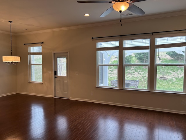 1012 Wooden Gate Dr, Franklin, TN 37064 - entrance foyer featuring baseboards, dark wood finished floors, a ceiling fan, a chandelier, and ornamental molding