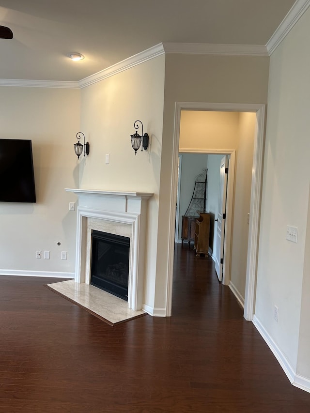 1012 Wooden Gate Dr, Franklin, TN 37064 - unfurnished living room featuring ornamental molding, dark wood-style floors, baseboards, and a fireplace