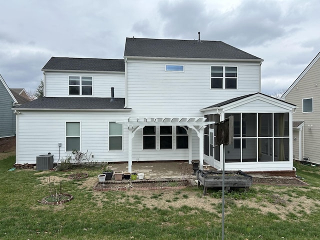1012 Wooden Gate Dr, Franklin, TN 37064 - rear view of house featuring a sunroom, a pergola, a lawn, a patio area, and central AC unit
