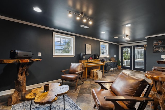 interior space with visible vents, baseboards, ornamental molding, french doors, and recessed lighting