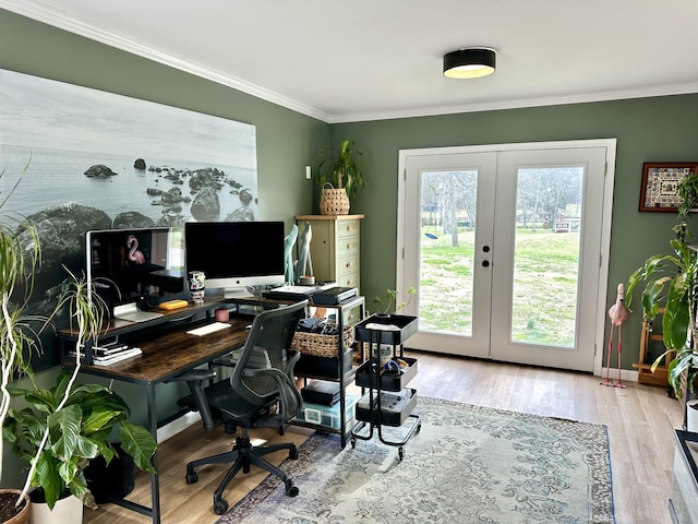 office with baseboards, french doors, wood finished floors, and crown molding