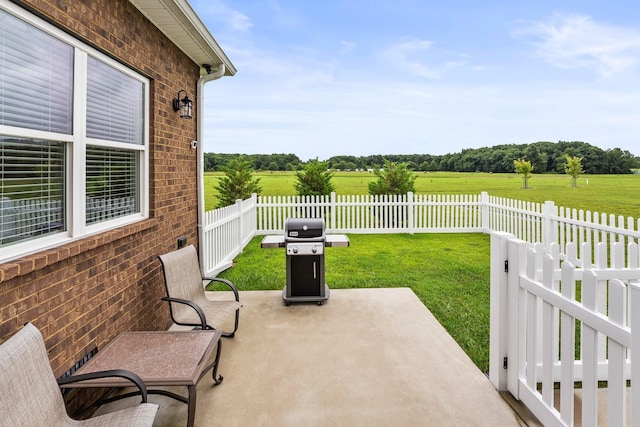 view of patio featuring a fenced backyard, grilling area, and a rural view