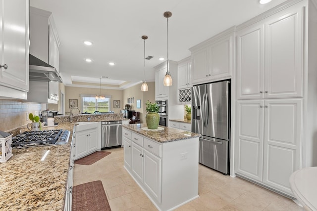 kitchen with a tray ceiling, stainless steel appliances, decorative backsplash, a sink, and wall chimney exhaust hood