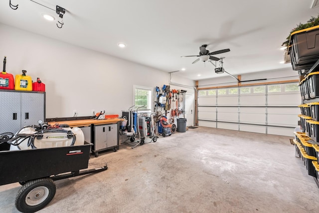 garage with recessed lighting, a ceiling fan, and a garage door opener