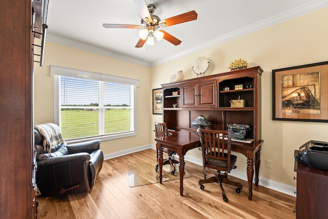 office with baseboards, ceiling fan, light wood-type flooring, and crown molding