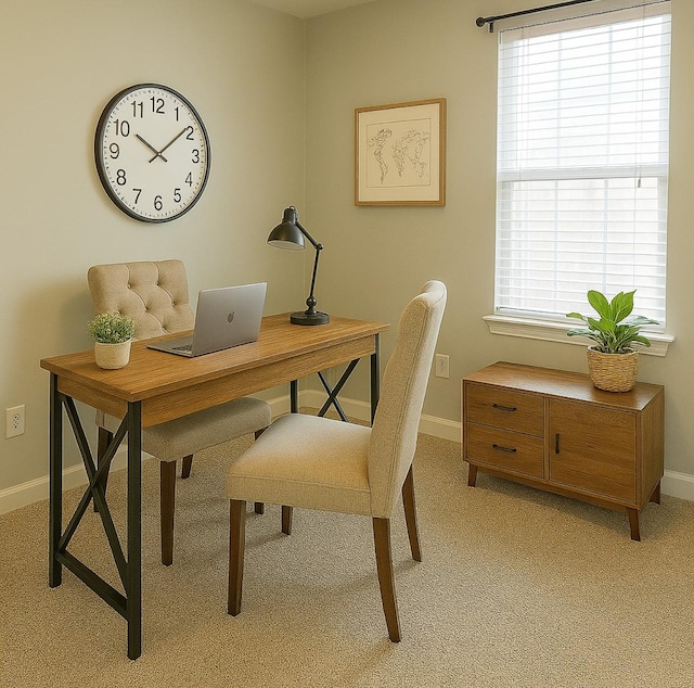 home office featuring light colored carpet and baseboards