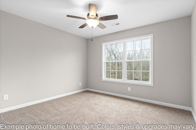 unfurnished room with ceiling fan, carpet flooring, visible vents, and baseboards