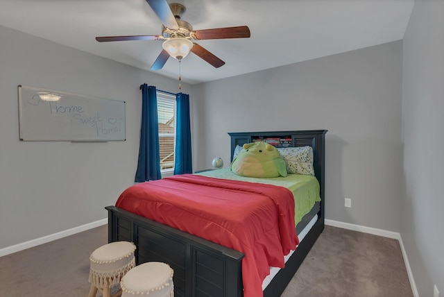 bedroom featuring carpet flooring, a ceiling fan, and baseboards