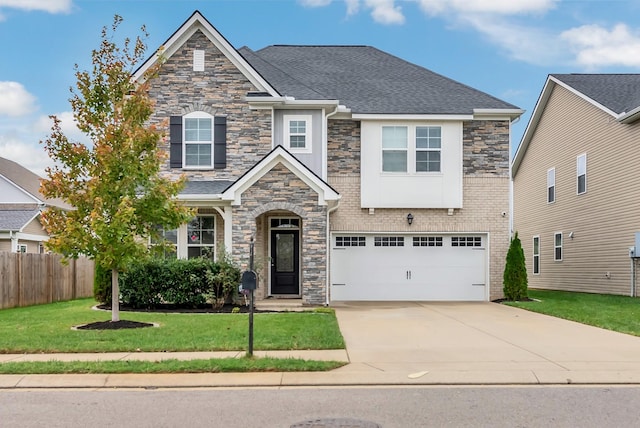 view of front of home featuring driveway, a shingled roof, an attached garage, fence, and a front lawn