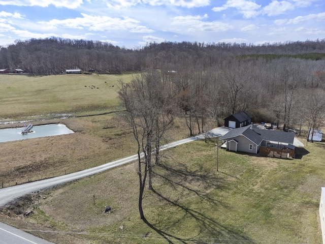 aerial view featuring a water view, a view of trees, and a rural view