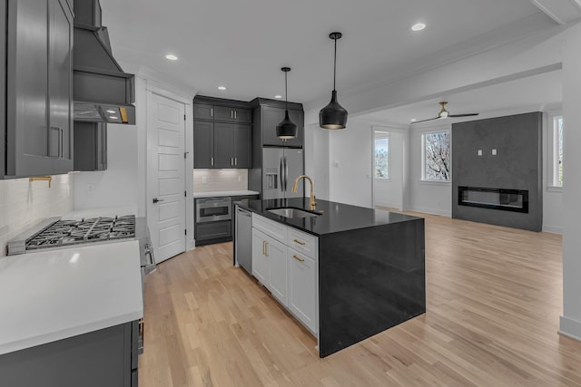 kitchen featuring light wood-style flooring, appliances with stainless steel finishes, premium range hood, a fireplace, and a sink