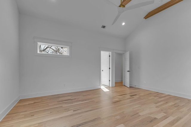 unfurnished room featuring recessed lighting, visible vents, light wood-style floors, a ceiling fan, and baseboards